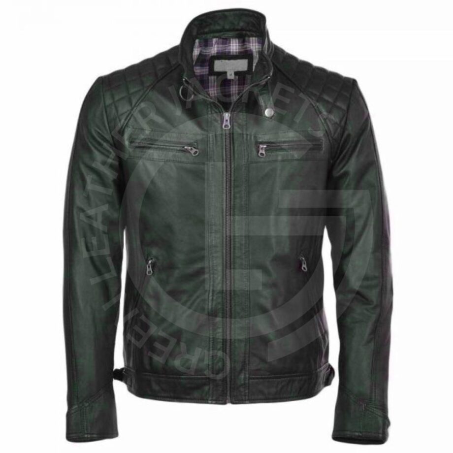 Dark Green Leather Biker Jacket