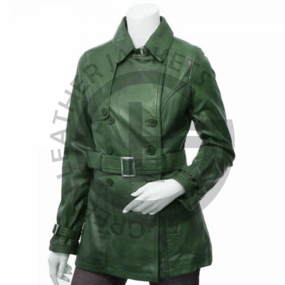 green leather trench coat