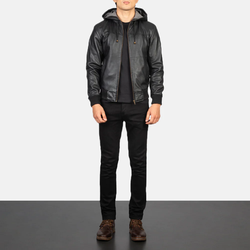 Men’s Black Hooded Leather Jacket - Image 2