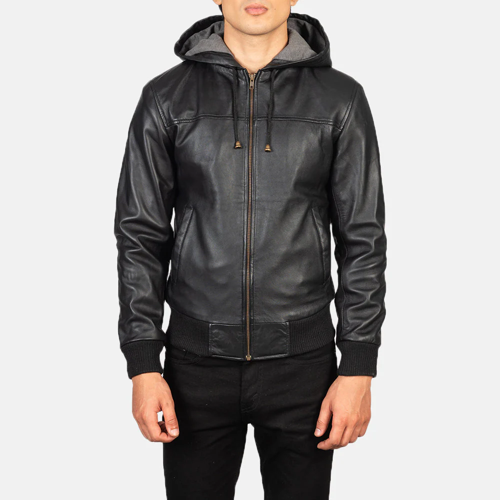 Men’s Black Hooded Leather Jacket - Image 3