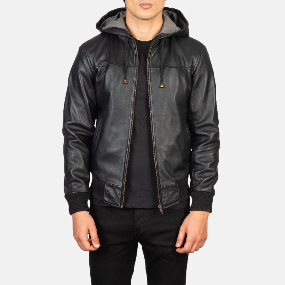 Men’s Black Hooded Leather Jacket