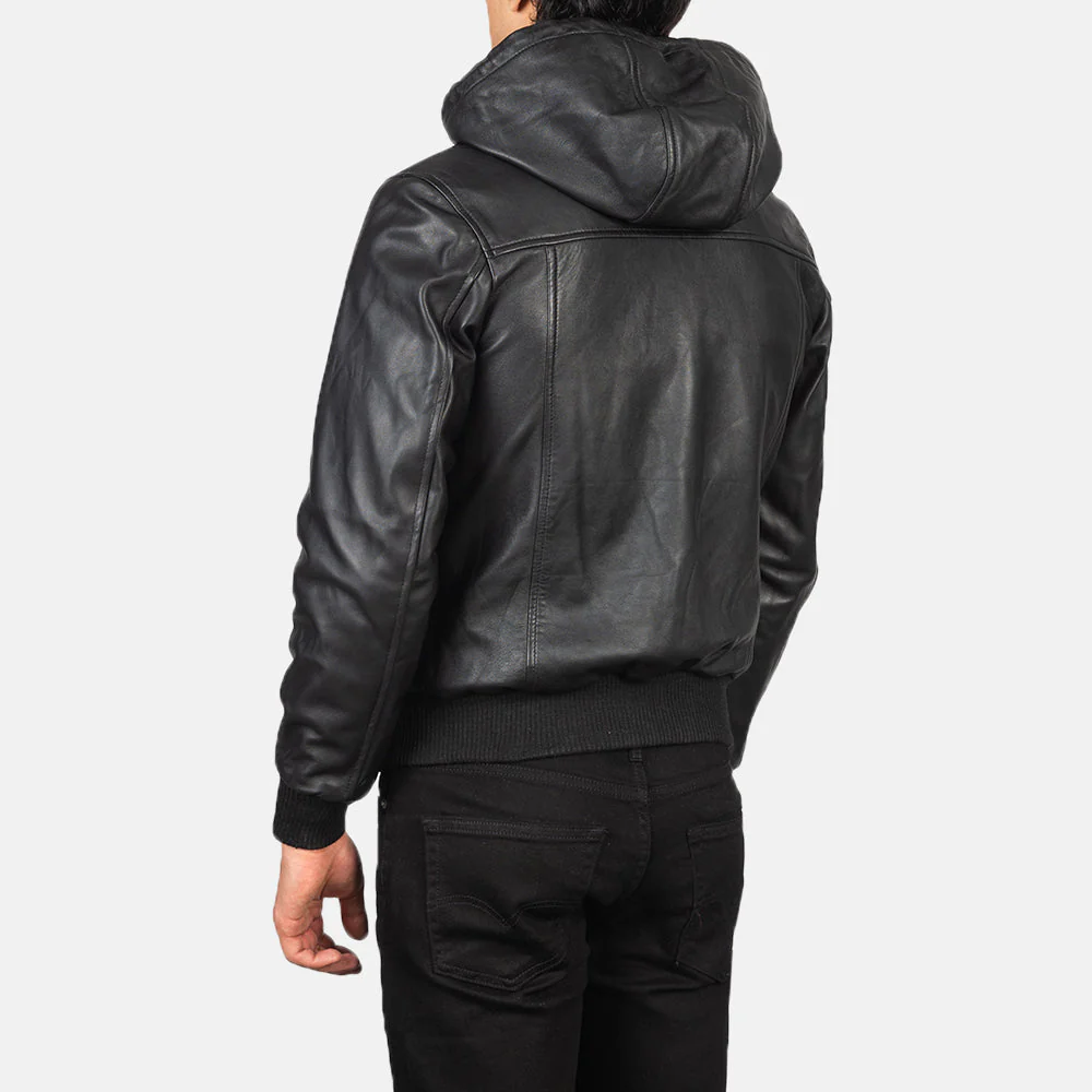 Men’s Black Hooded Leather Jacket - Image 5